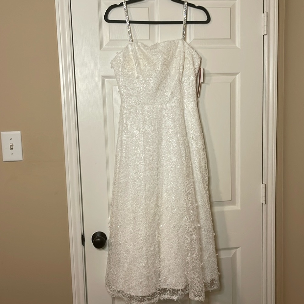 Aqua formal white floral rhinestone straps dress size 6